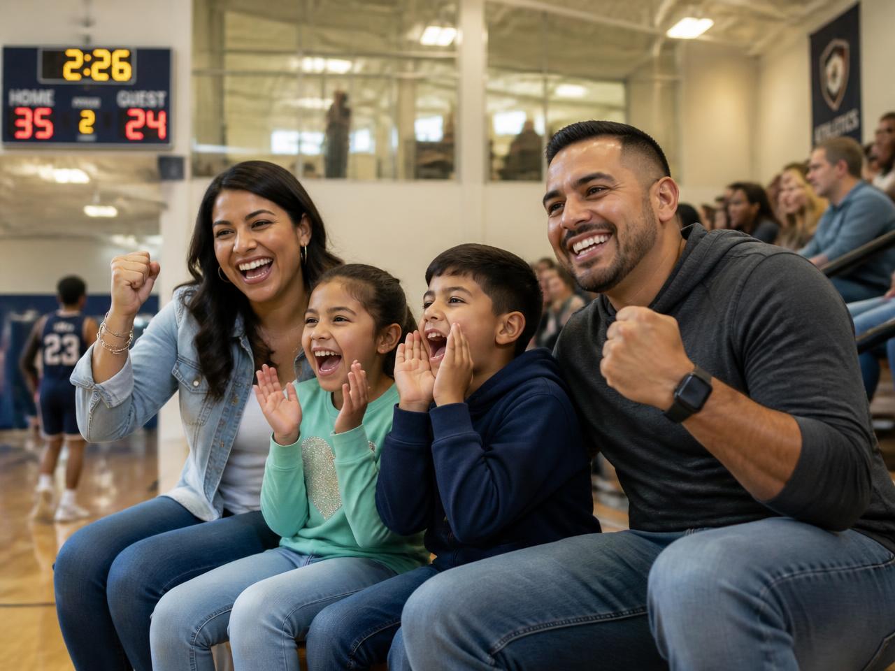 Parents and siblings cheering at a youth basketball game