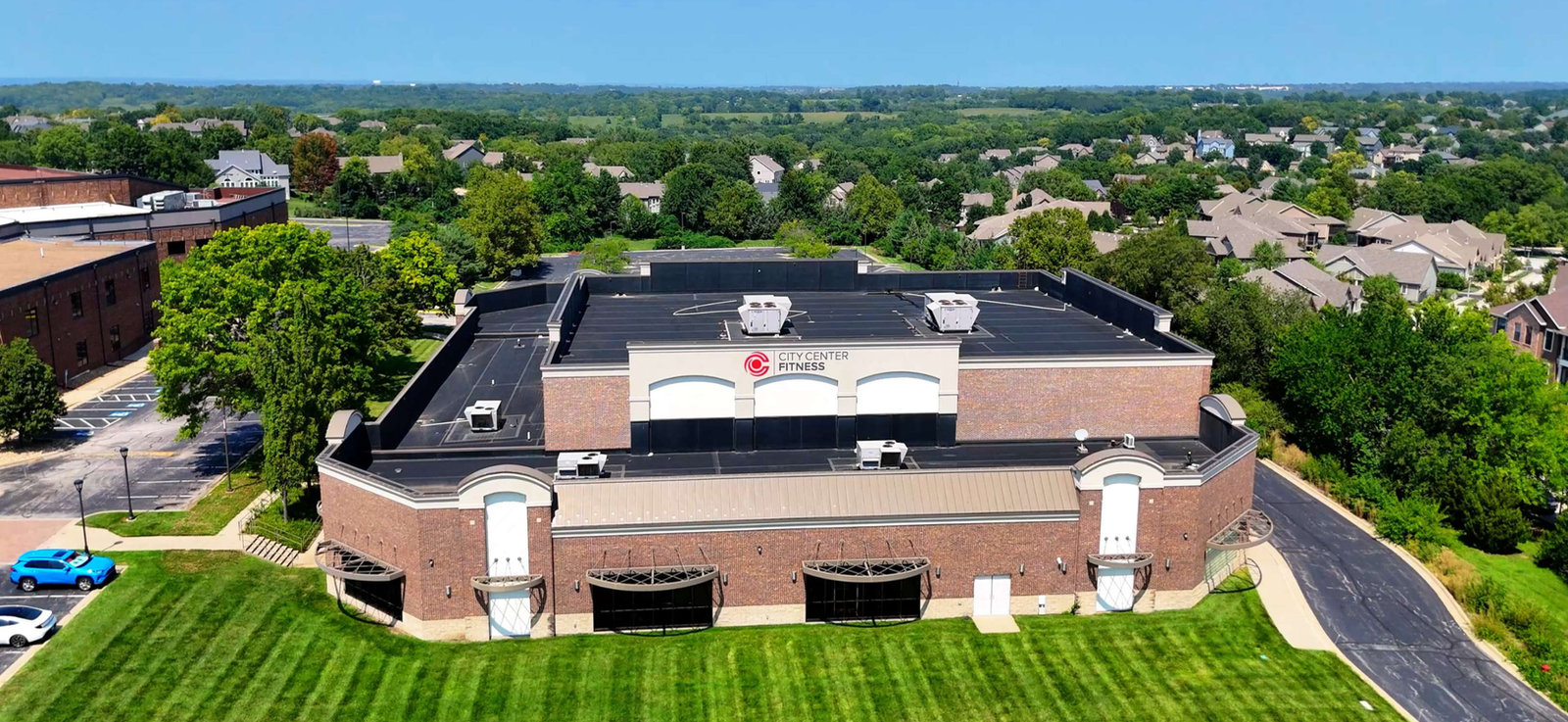 Aerial view of the City Center Fitness facility in Lenexa