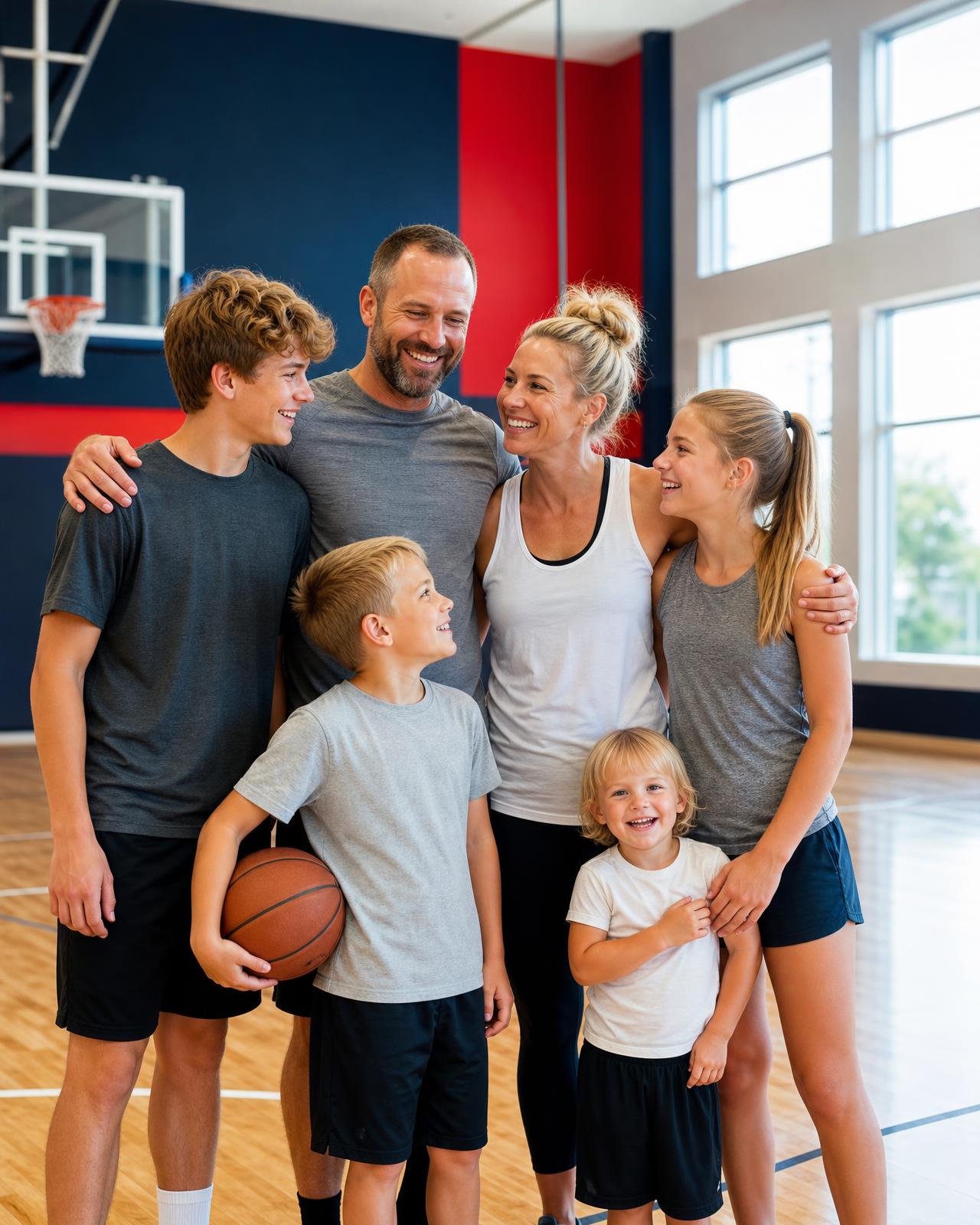 A white American family with parents and four children in a gymnasium